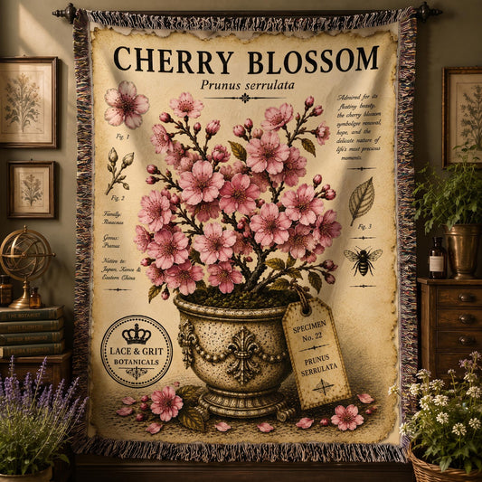 Cherry Blossom Woven Throw Blanket, Botanical Garden Decor, Cotton Tapestry Throw, English Cottage Floral Gift
