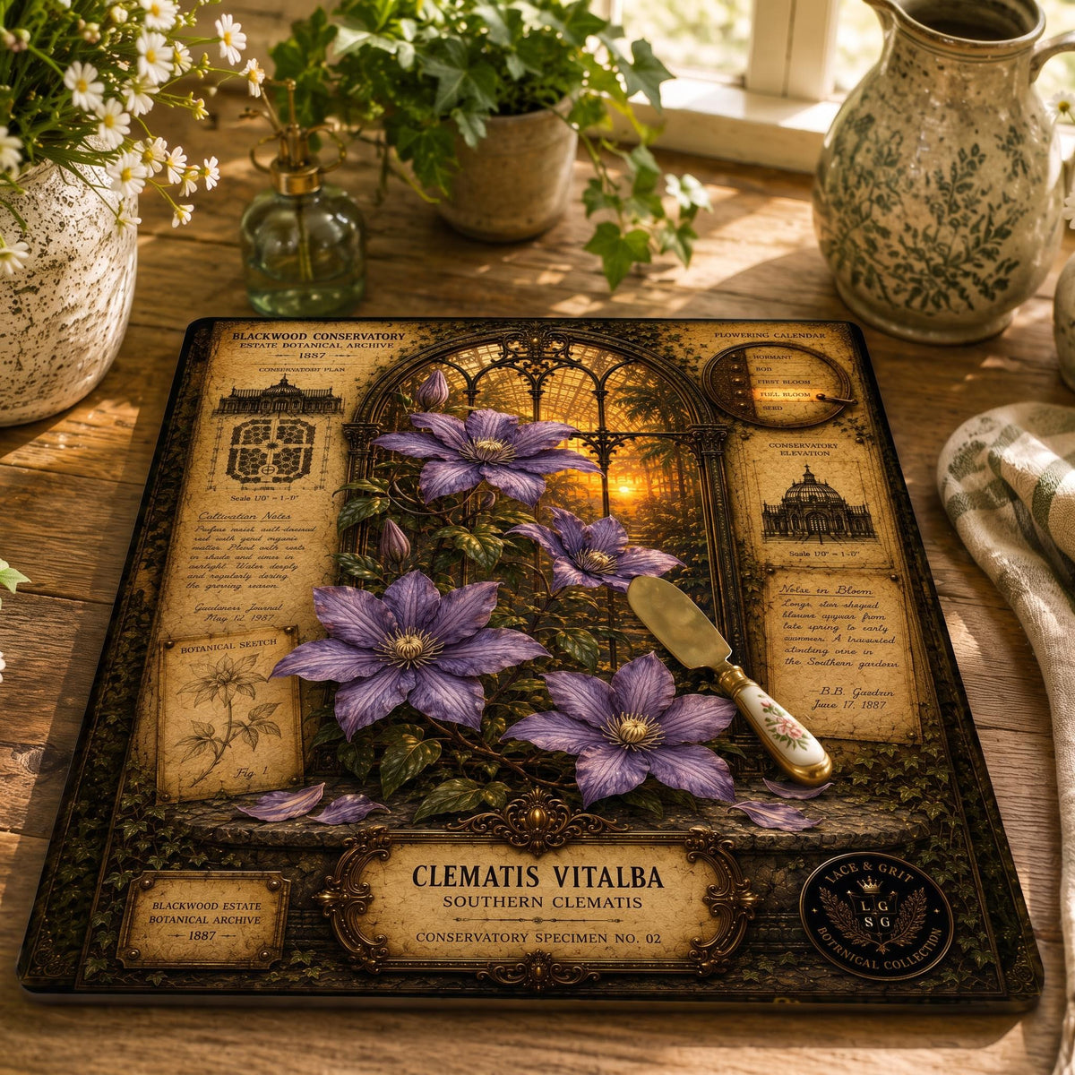 Clematis Tempered Glass Art, Charcuterie Serving Board, Botanical Decor, Clematis Flower Art, Garden Gift