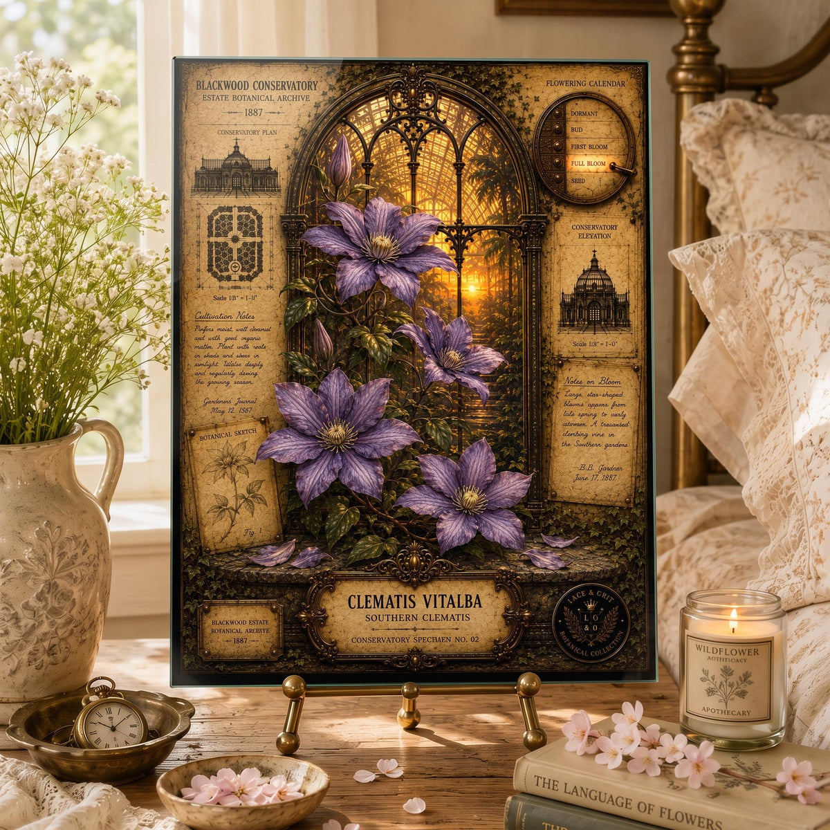 Clematis Tempered Glass Art, Charcuterie Serving Board, Botanical Decor, Clematis Flower Art, Garden Gift