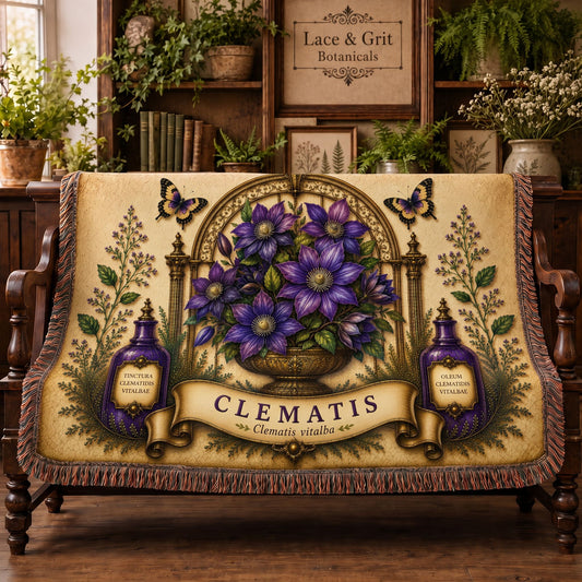 Clematis Woven Throw Blanket | Botanical Garden Decor | Cotton Tapestry Throw | English Cottage Floral Gift