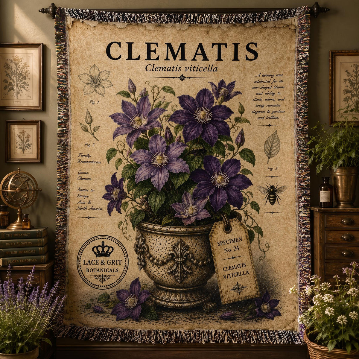 Clematis Woven Throw Blanket, Botanical Garden Decor, Cotton Tapestry Throw, English Cottage Floral Gift