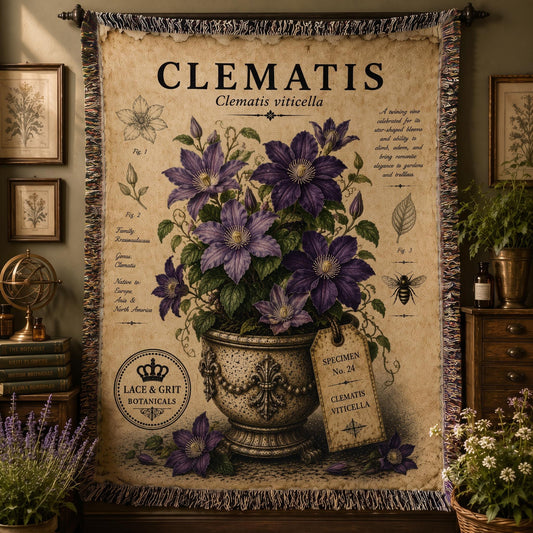 Clematis Woven Throw Blanket, Botanical Garden Decor, Cotton Tapestry Throw, English Cottage Floral Gift