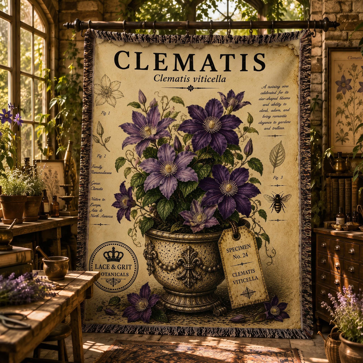 Clematis Woven Throw Blanket, Botanical Garden Decor, Cotton Tapestry Throw, English Cottage Floral Gift
