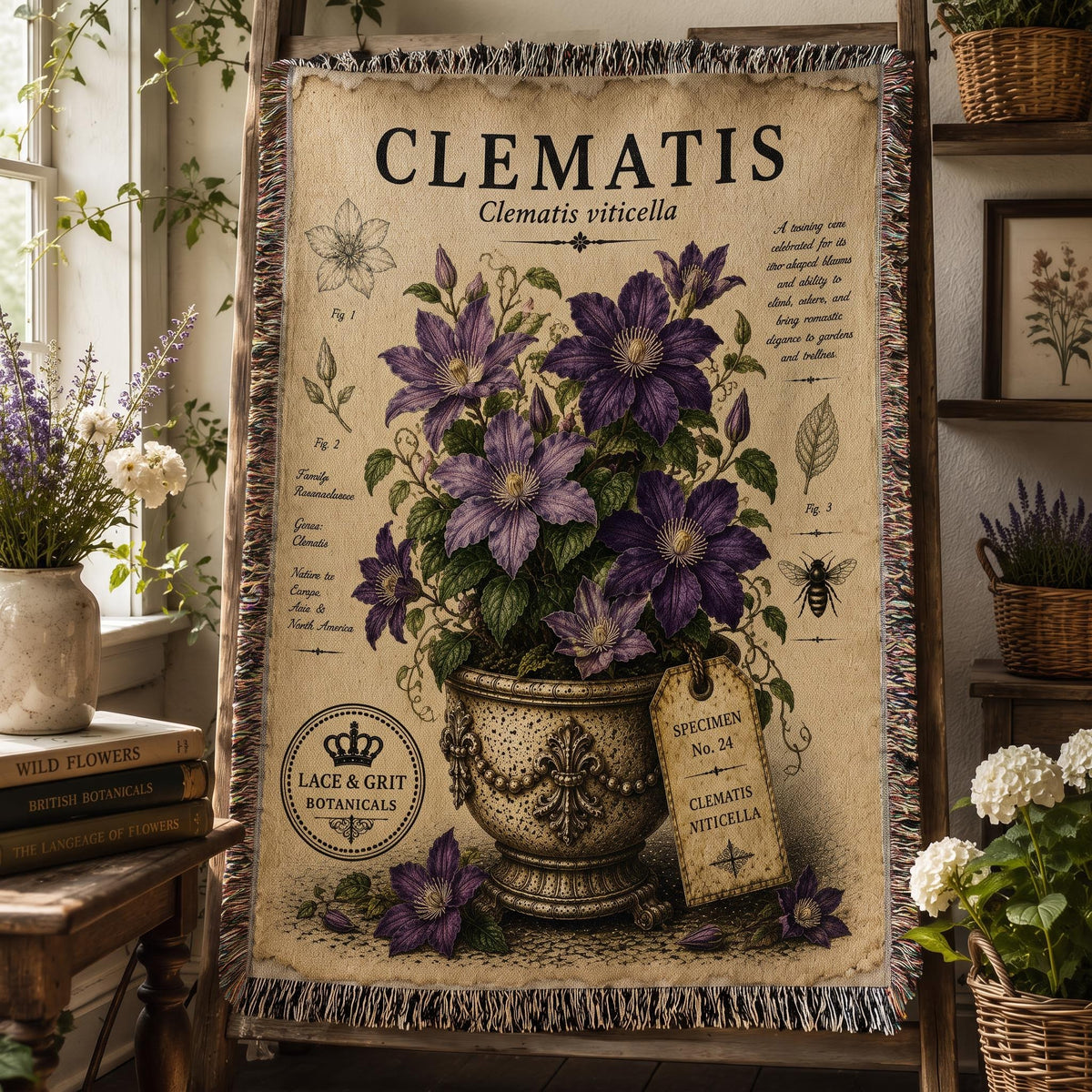 Clematis Woven Throw Blanket, Botanical Garden Decor, Cotton Tapestry Throw, English Cottage Floral Gift