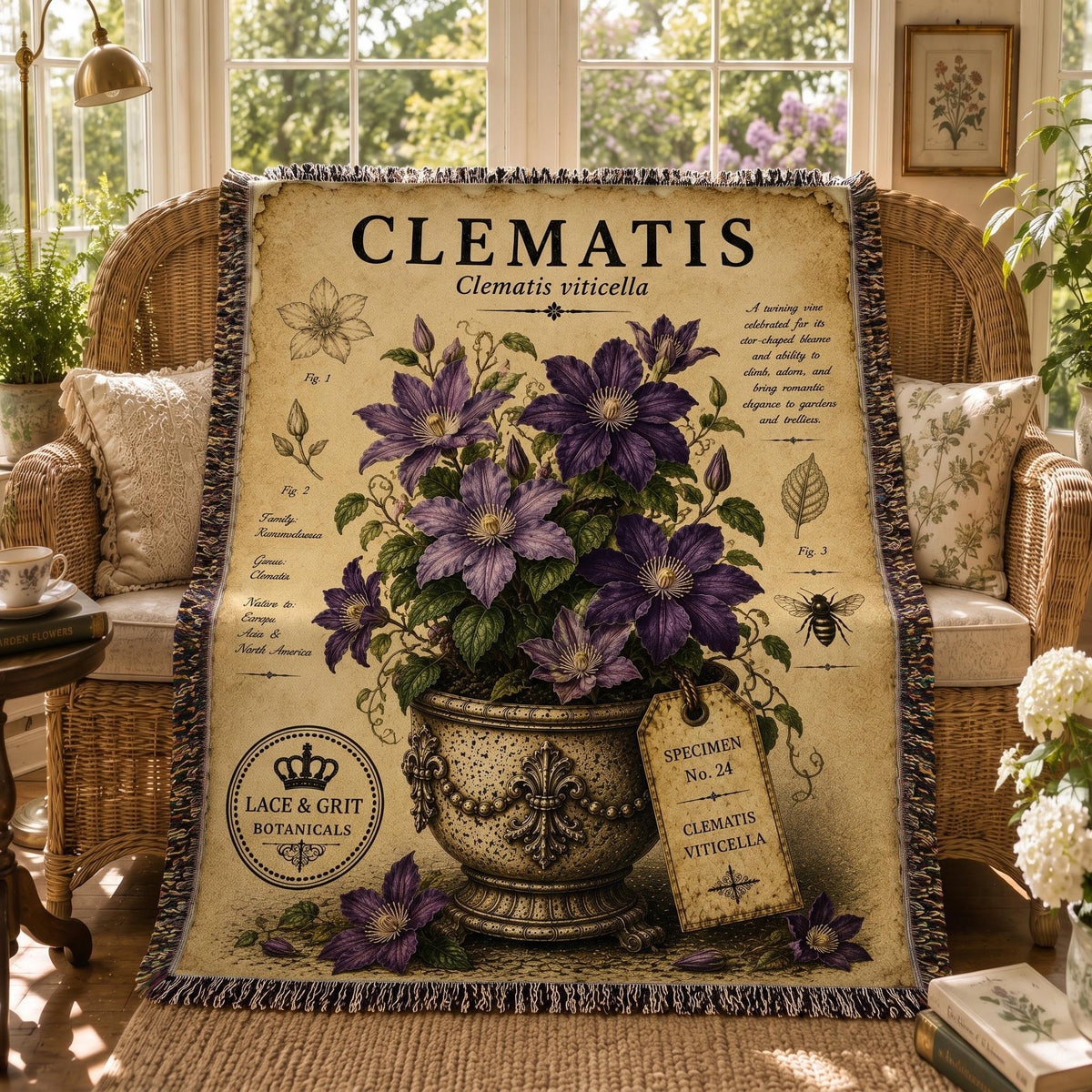 Clematis Woven Throw Blanket, Botanical Garden Decor, Cotton Tapestry Throw, English Cottage Floral Gift