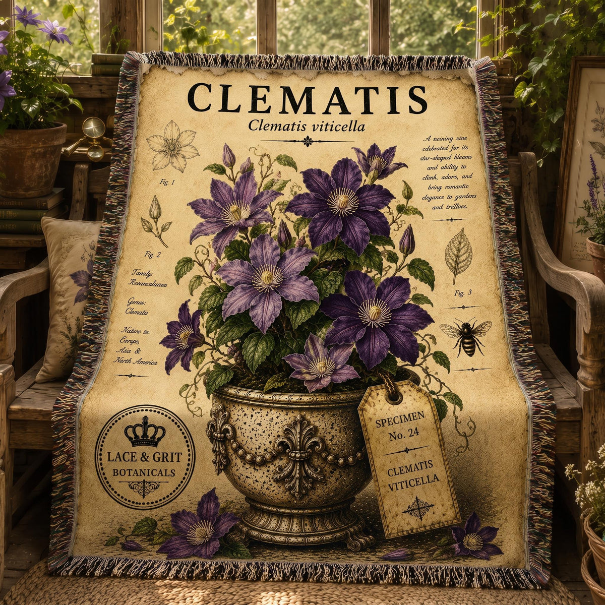 Clematis Woven Throw Blanket, Botanical Garden Decor, Cotton Tapestry Throw, English Cottage Floral Gift