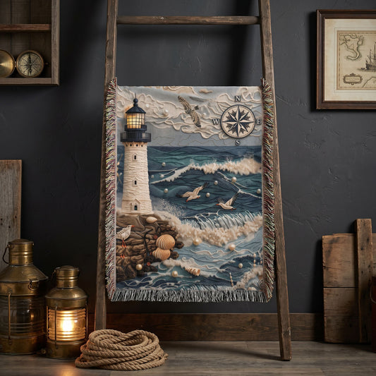 Lighthouse Woven Blanket, Beaded Look Coastal Throw, Coastal Cottage Nautical Decor