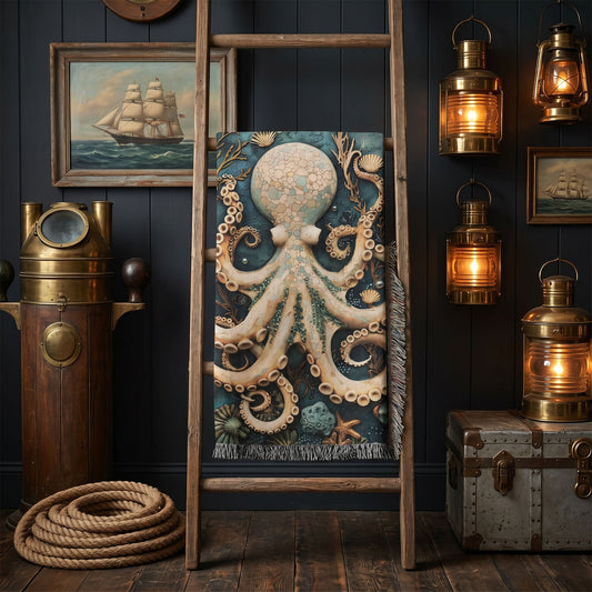 Beaded Look Octopus Woven Blanket | Coastal Cottage Nautical Ocean Decor