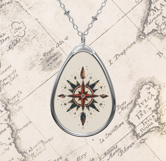 Feather Compass Necklace – Boho Teardrop Pendant with Tribal Navigation Symbol | Free Spirit Jewelry for Life’s Journey
