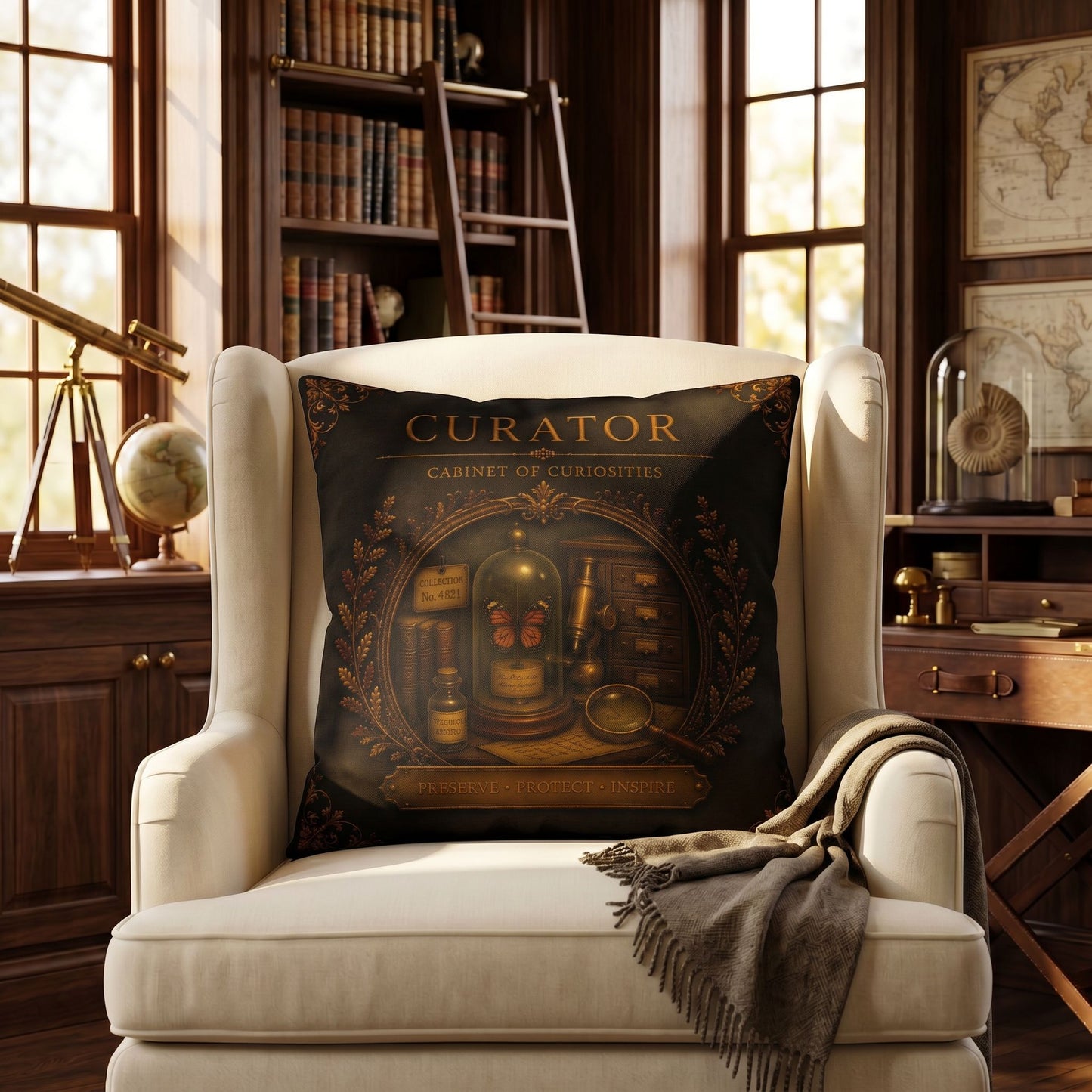 Curator Cabinet of Curiosities Pillow, Dark Academia Throw Pillow, Library Decor Cushion, Museum Style Home Accent