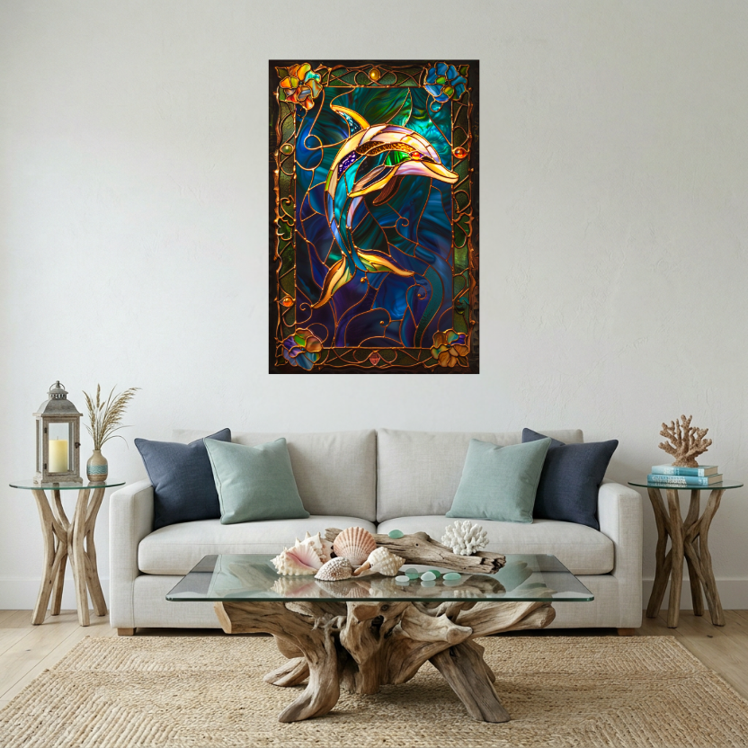Dolphin – Stained Glass Style Metal Wall Art