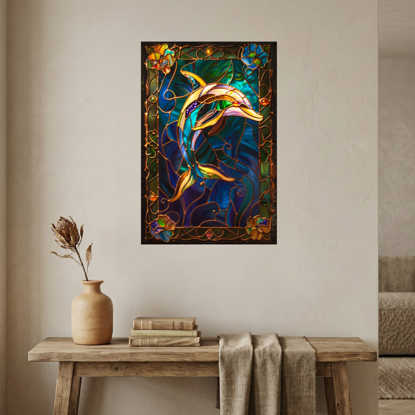 Dolphin – Stained Glass Style Metal Wall Art