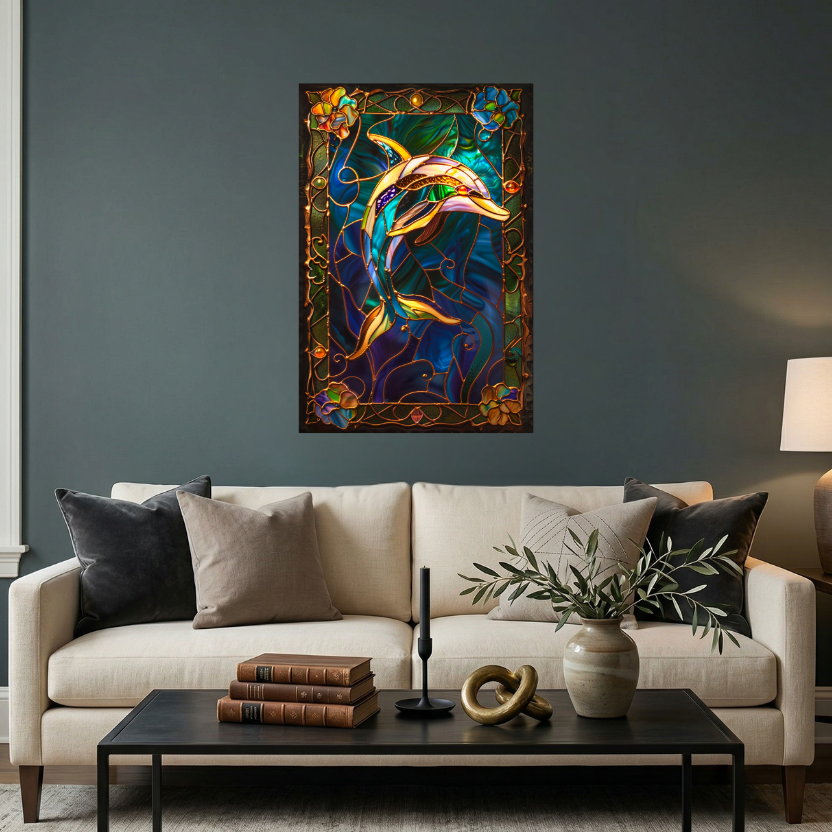 Dolphin – Stained Glass Style Metal Wall Art