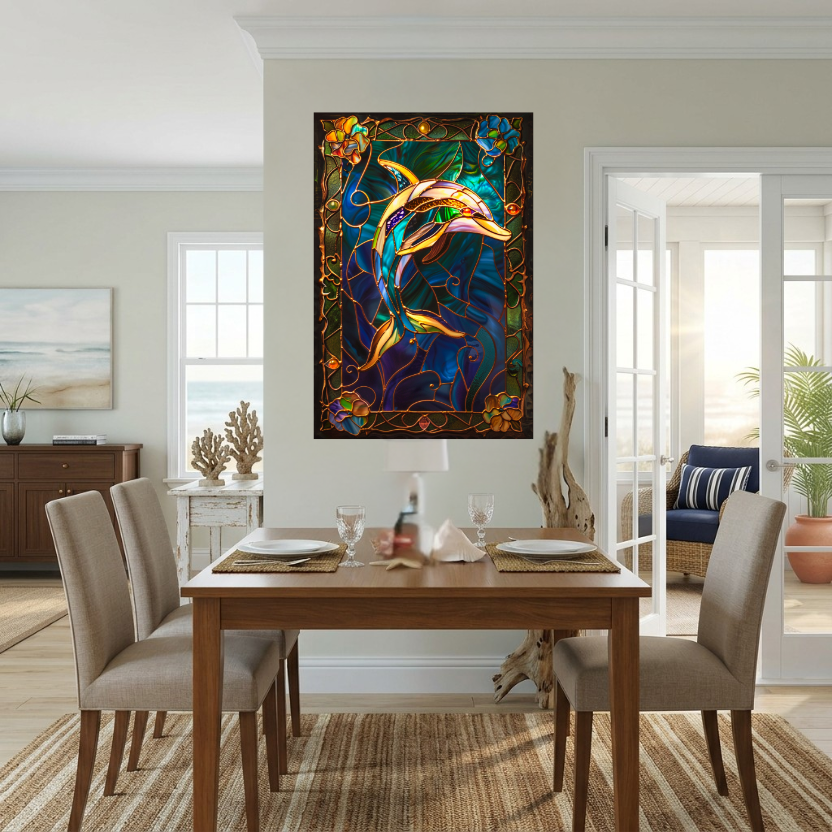 Dolphin – Stained Glass Style Metal Wall Art