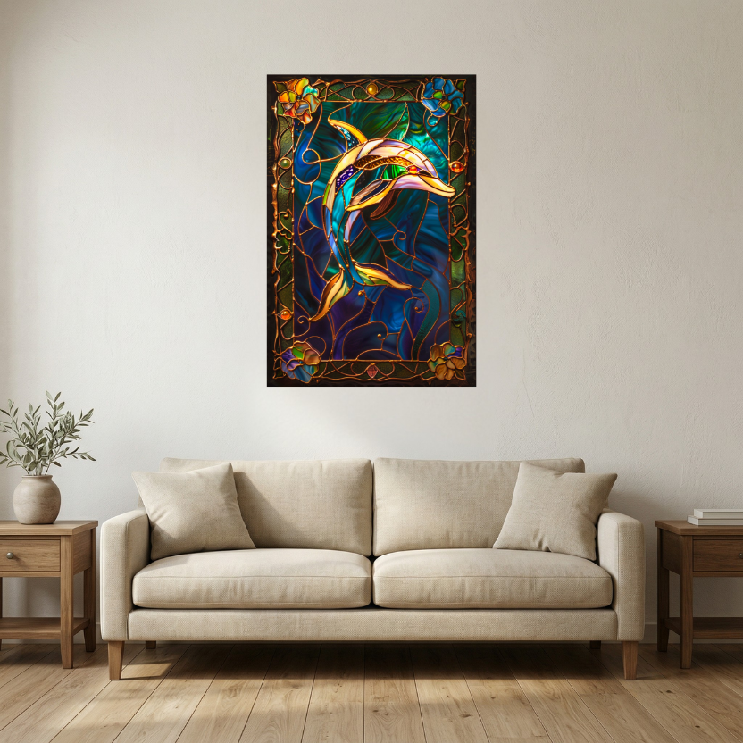 Dolphin – Stained Glass Style Metal Wall Art