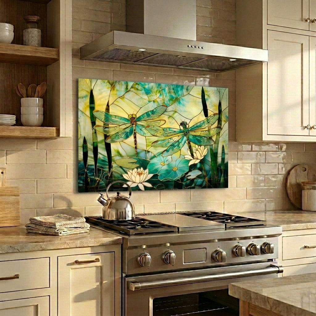 Dragonfly Metal Kitchen Backsplash Panel, Stained Glass Look Art