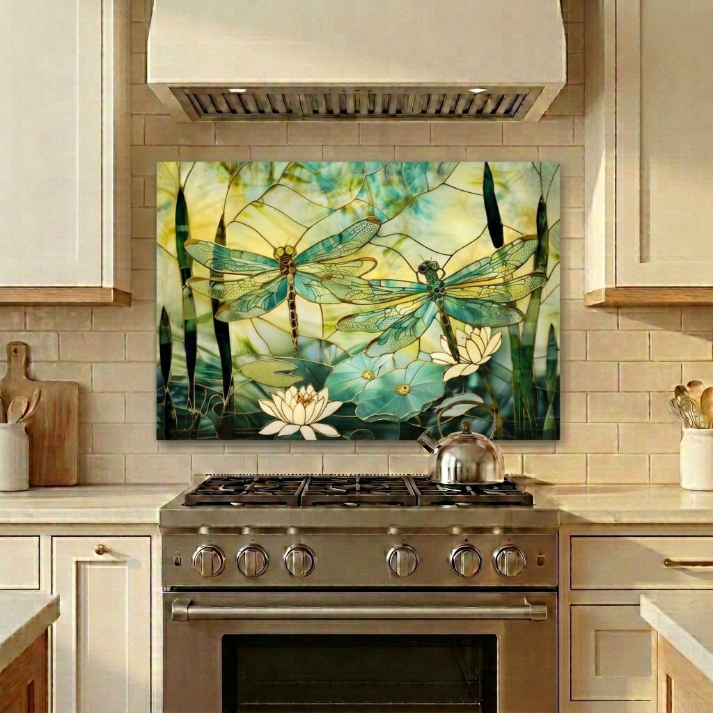 Dragonfly Metal Kitchen Backsplash Panel, Stained Glass Look Art