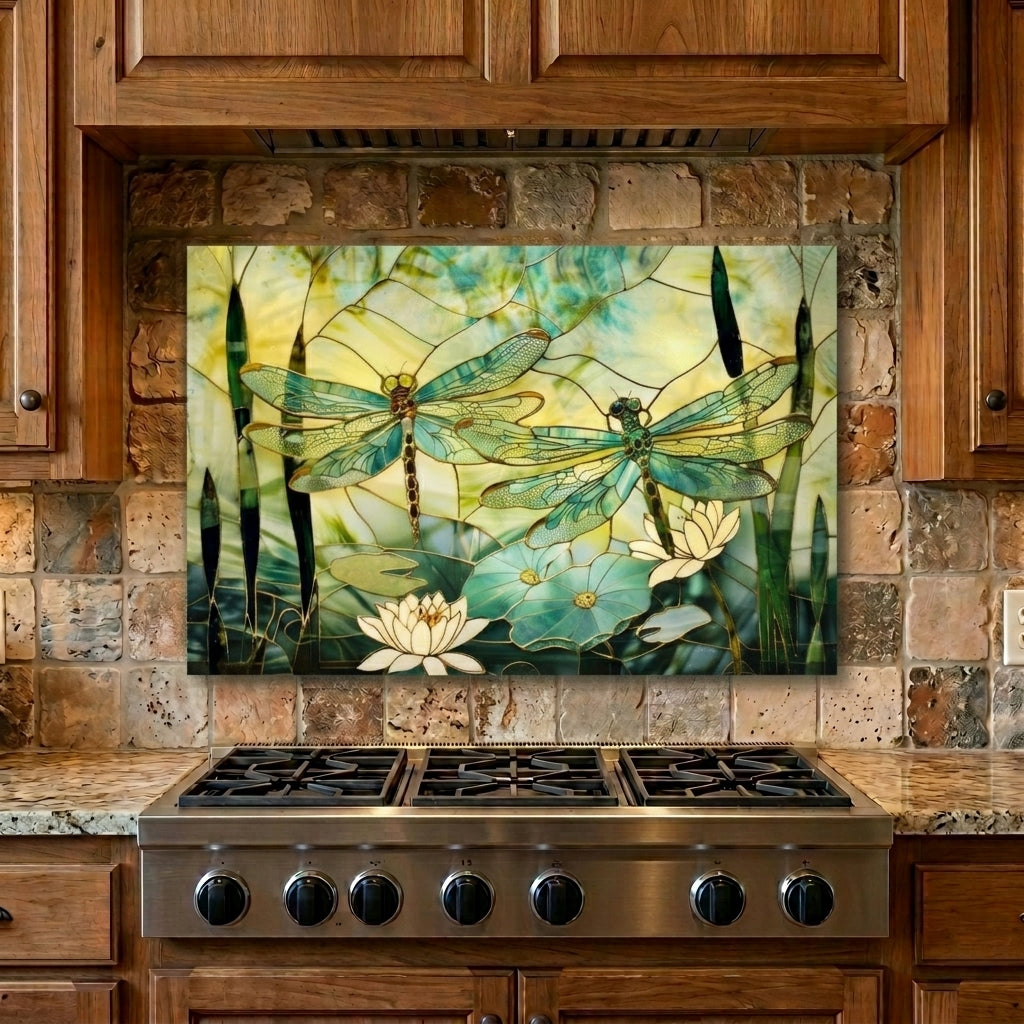Dragonfly Metal Kitchen Backsplash Panel, Stained Glass Look Art
