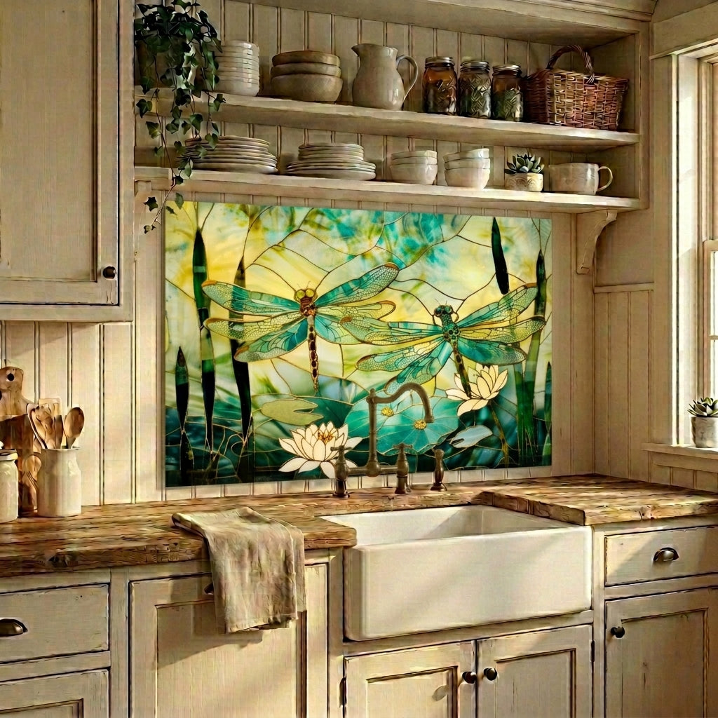 Dragonfly Metal Kitchen Backsplash Panel, Stained Glass Look Art