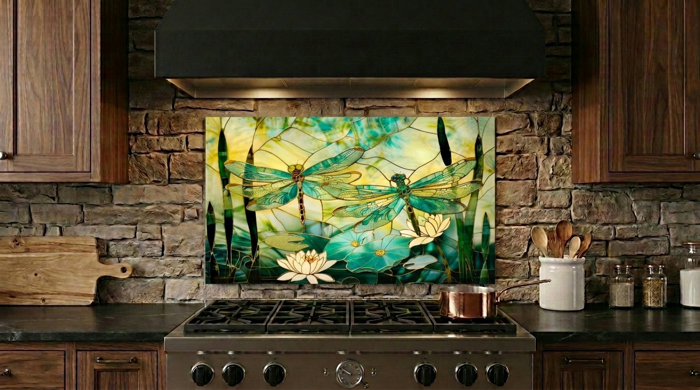 Dragonfly Metal Kitchen Backsplash Panel, Stained Glass Look Art