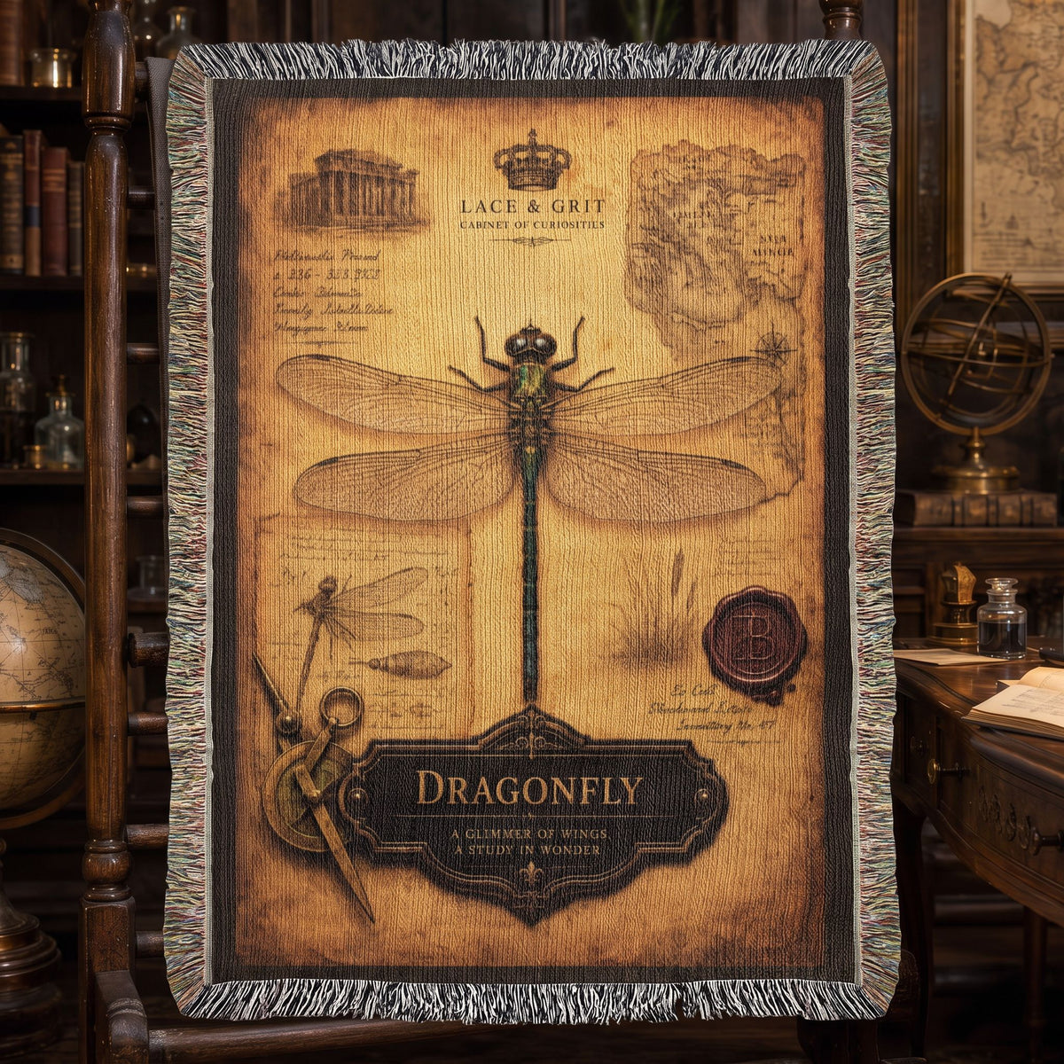 Dragonfly Specimen Woven Throw Blanket | Cabinet of Curiosities Decor | Cotton Tapestry | Natural History Gift