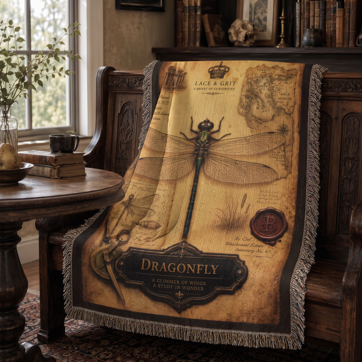 Dragonfly Specimen Woven Throw Blanket | Cabinet of Curiosities Decor | Cotton Tapestry | Natural History Gift