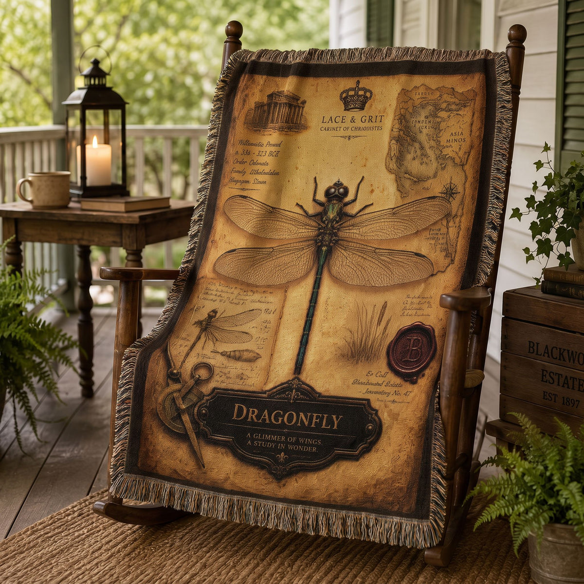 Dragonfly Specimen Woven Throw Blanket | Cabinet of Curiosities Decor | Cotton Tapestry | Natural History Gift