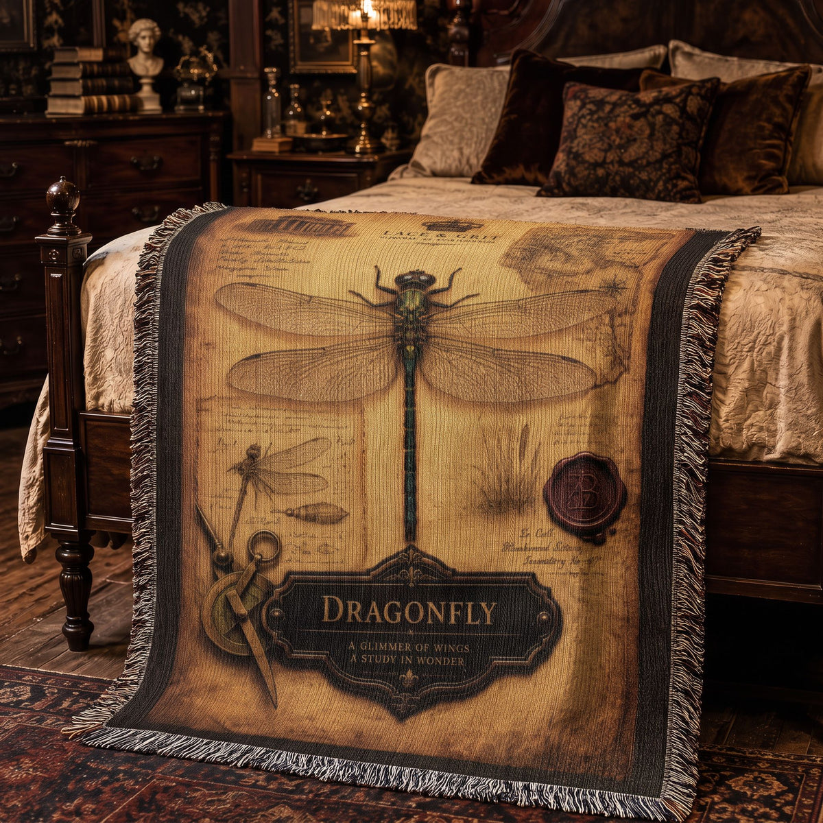 Dragonfly Specimen Woven Throw Blanket | Cabinet of Curiosities Decor | Cotton Tapestry | Natural History Gift