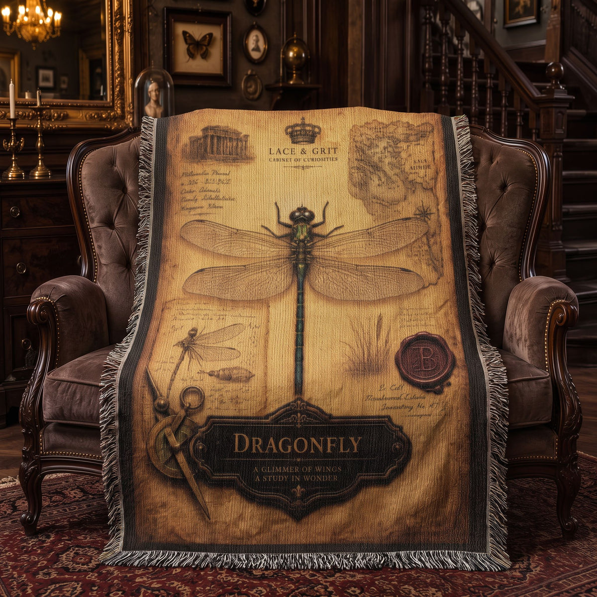 Dragonfly Specimen Woven Throw Blanket | Cabinet of Curiosities Decor | Cotton Tapestry | Natural History Gift