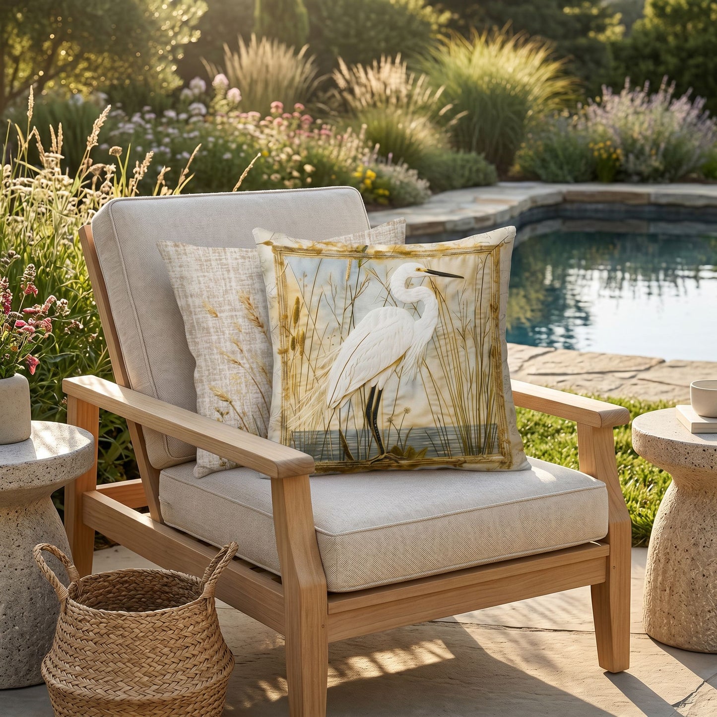 Outdoor Coastal Egret Pillow – Reversible Premium Throw Cushion for Patio, Porch & Lake House
