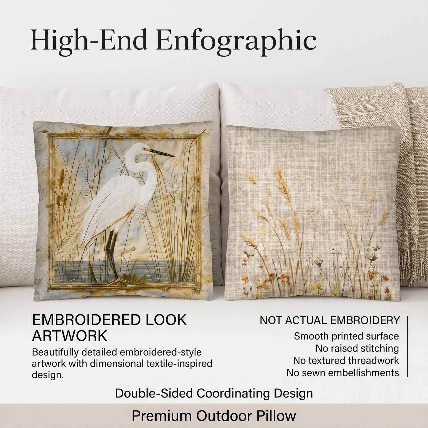 Outdoor Coastal Egret Pillow – Reversible Premium Throw Cushion for Patio, Porch & Lake House