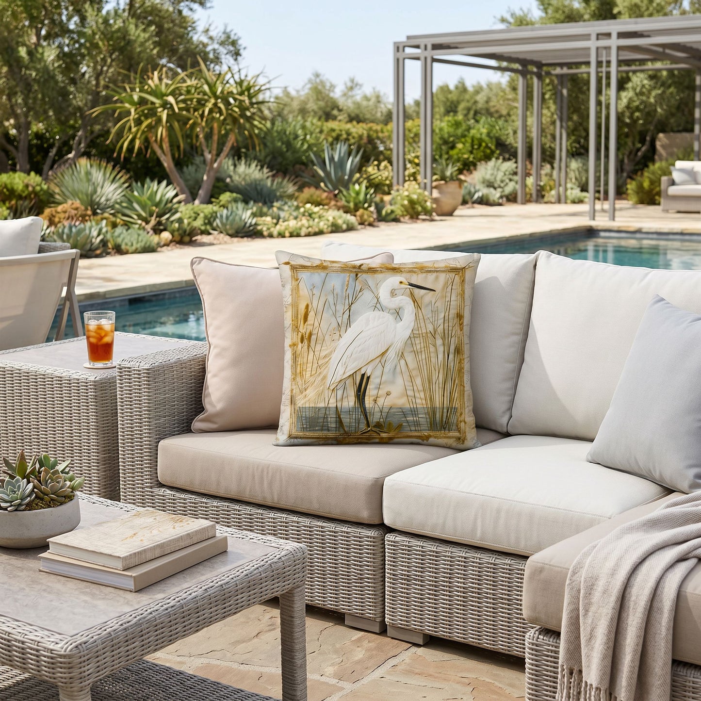 Outdoor Coastal Egret Pillow – Reversible Premium Throw Cushion for Patio, Porch & Lake House