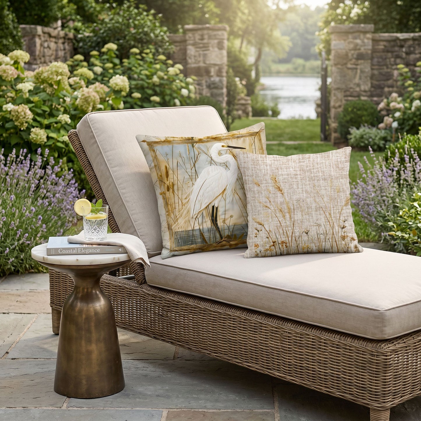 Outdoor Coastal Egret Pillow – Reversible Premium Throw Cushion for Patio, Porch & Lake House