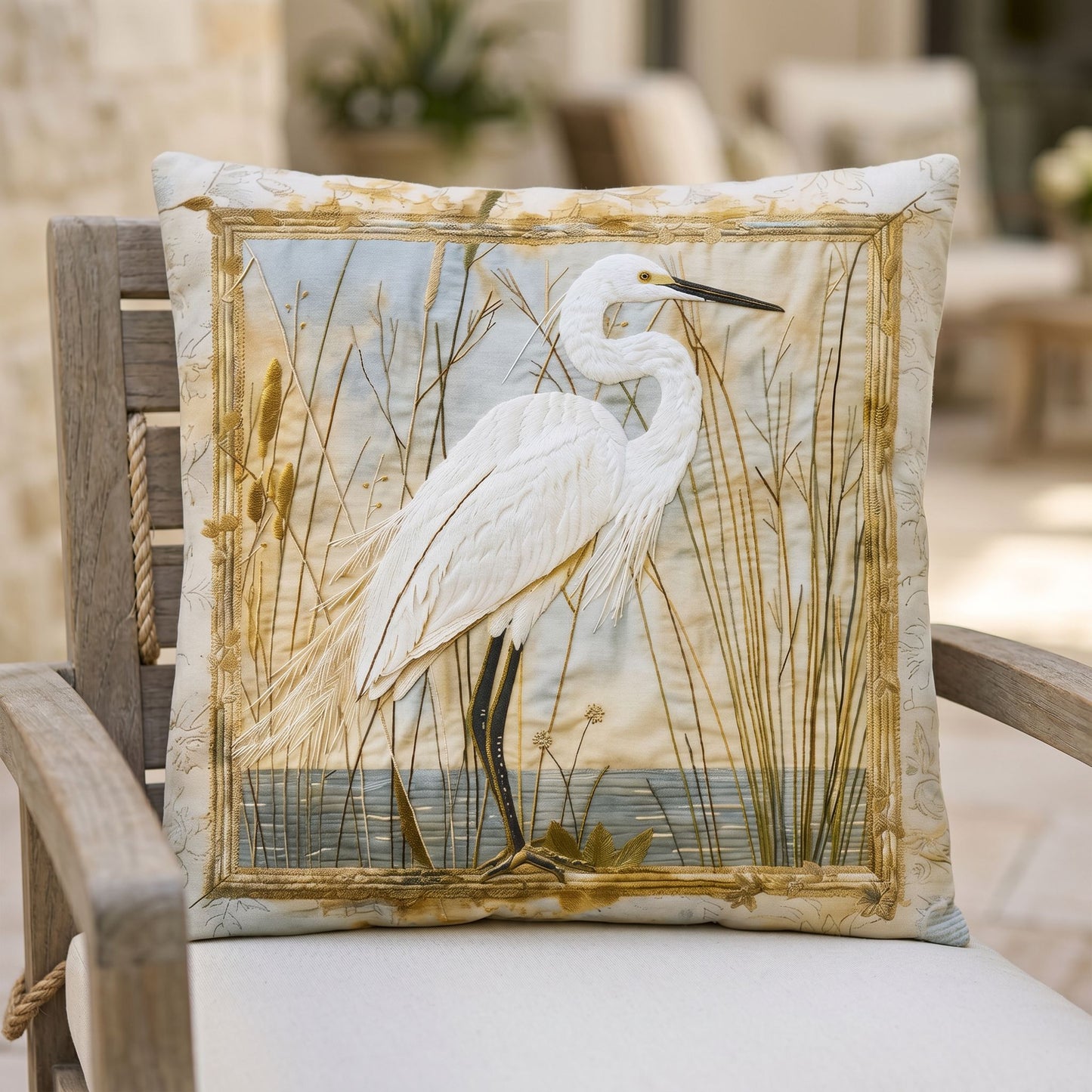 Outdoor Coastal Egret Pillow – Reversible Premium Throw Cushion for Patio, Porch & Lake House