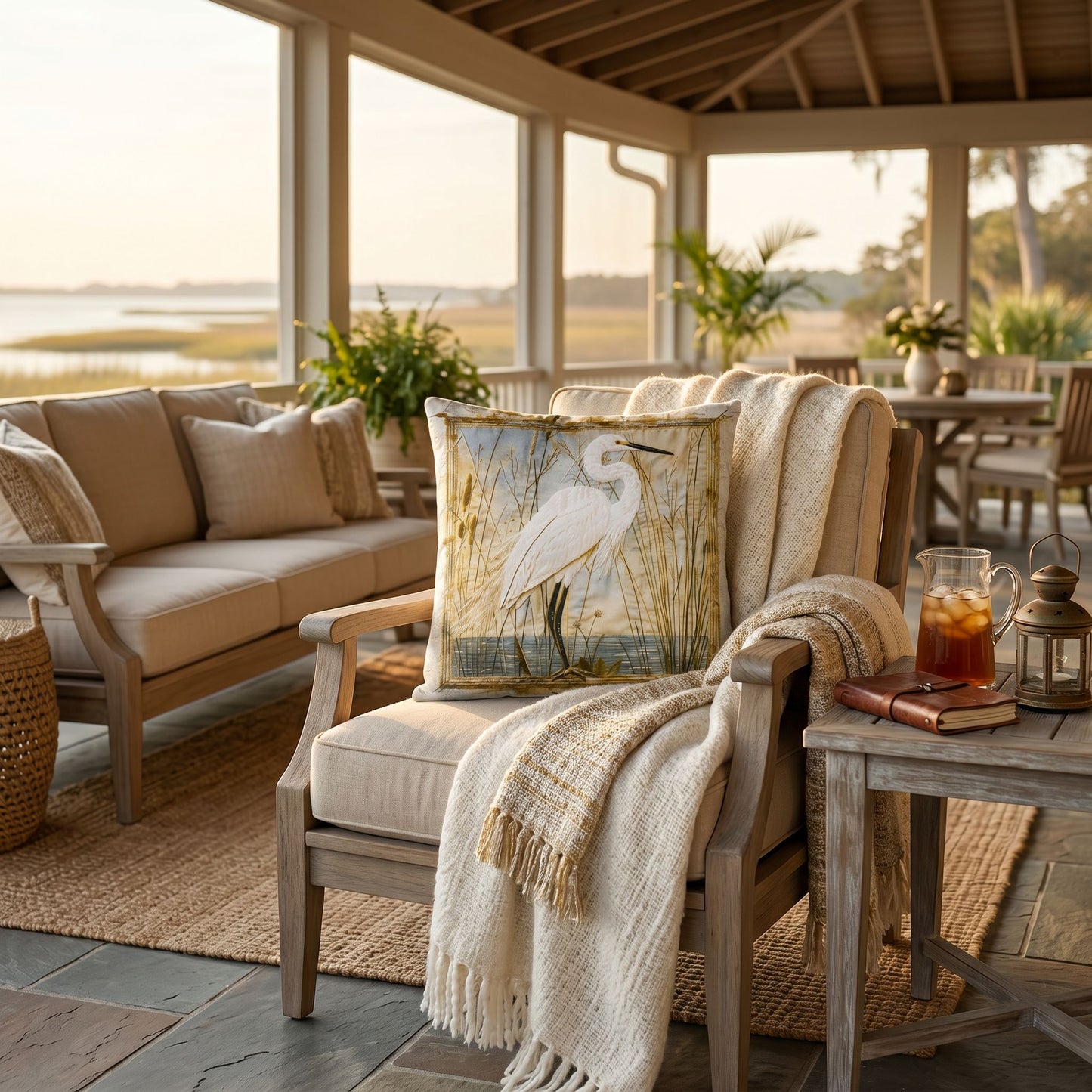 Outdoor Coastal Egret Pillow – Reversible Premium Throw Cushion for Patio, Porch & Lake House
