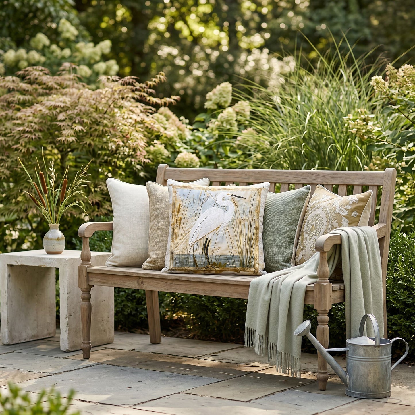 Outdoor Coastal Egret Pillow – Reversible Premium Throw Cushion for Patio, Porch & Lake House