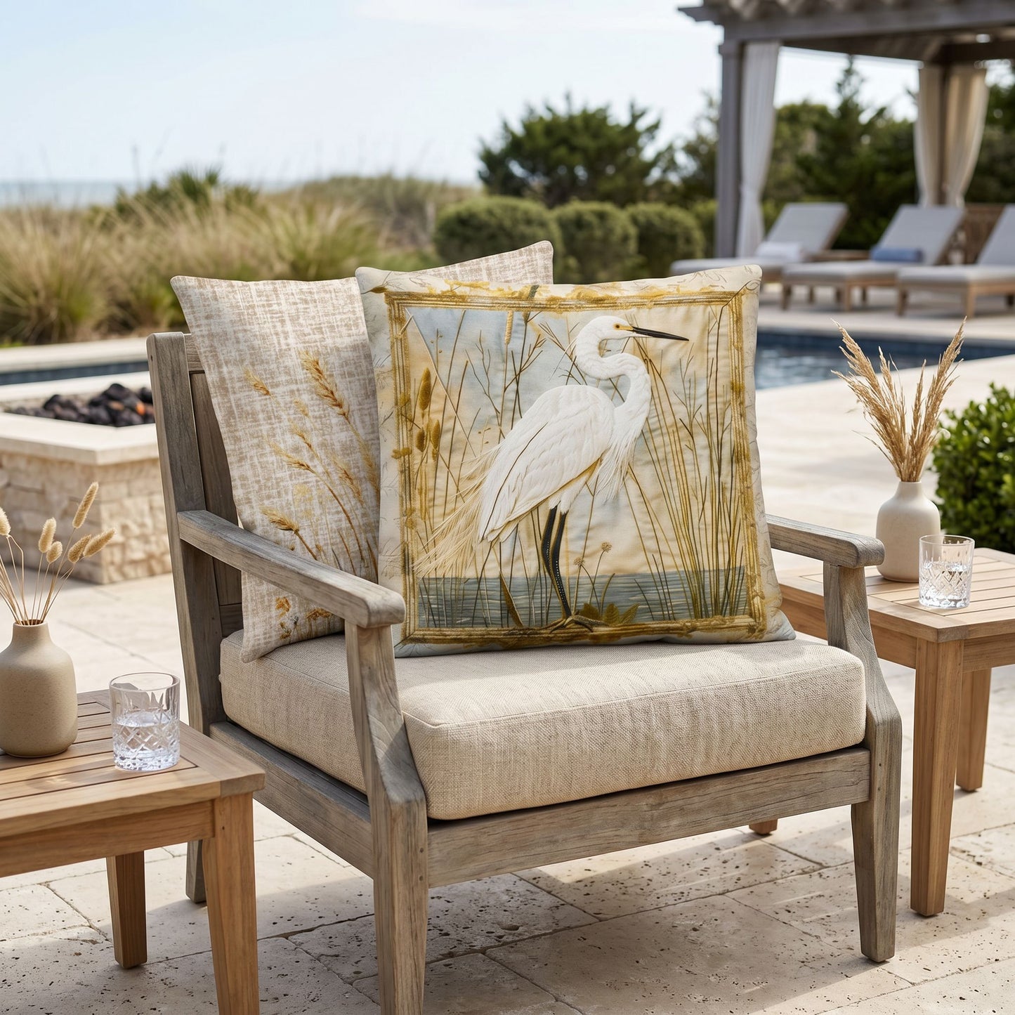 Outdoor Coastal Egret Pillow – Reversible Premium Throw Cushion for Patio, Porch & Lake House