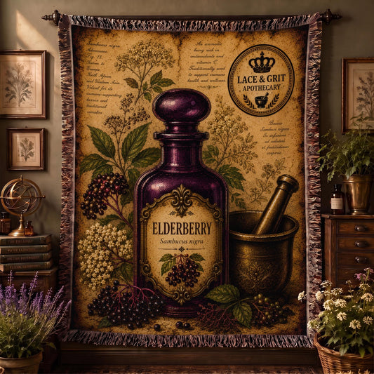 Elderberry Woven Throw Blanket, Botanical Apothecary Decor, Cotton Tapestry Throw, English Cottage Herbal Gift