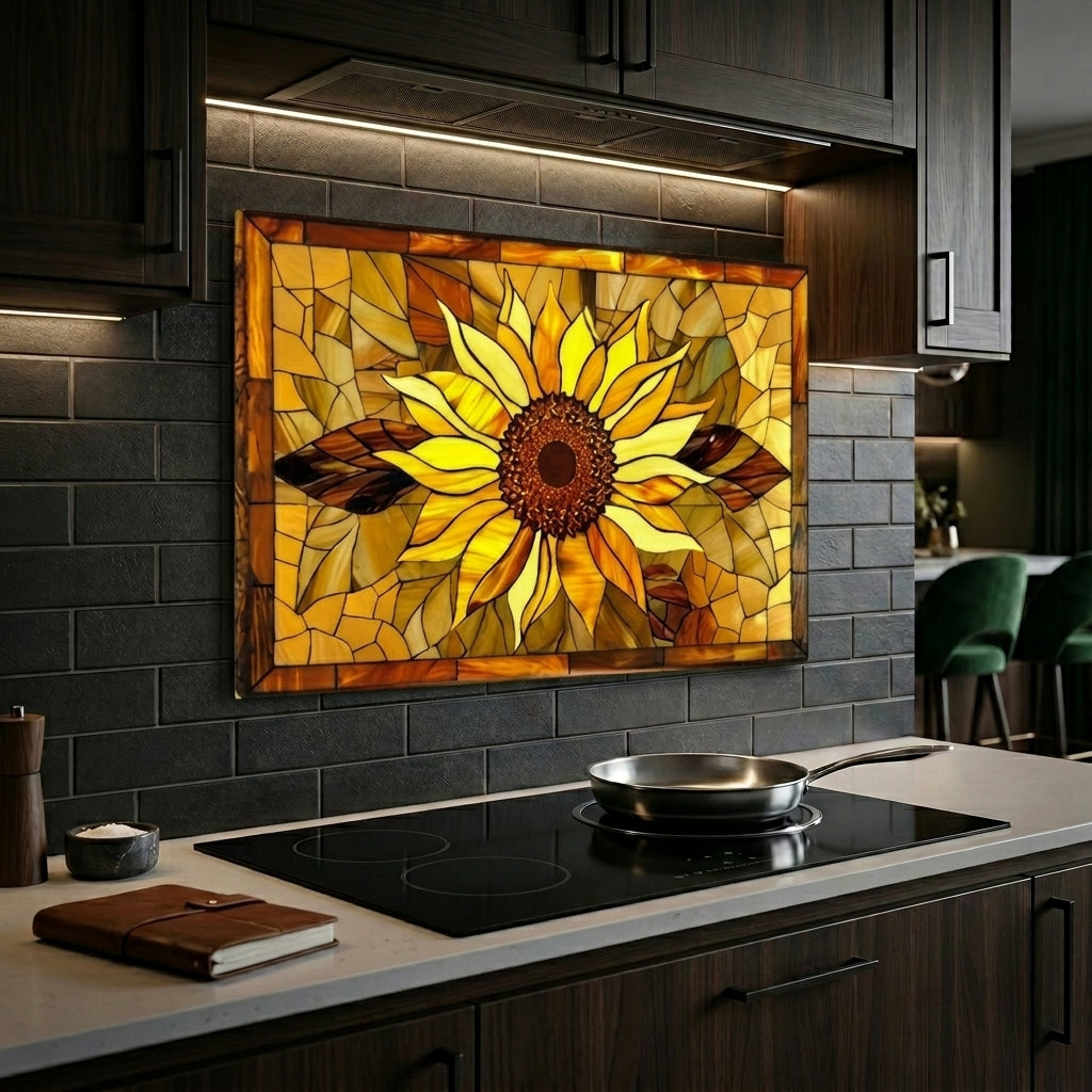 Sunflower Metal Kitchen Backsplash Panel, Stained Glass Inspired Wall Art