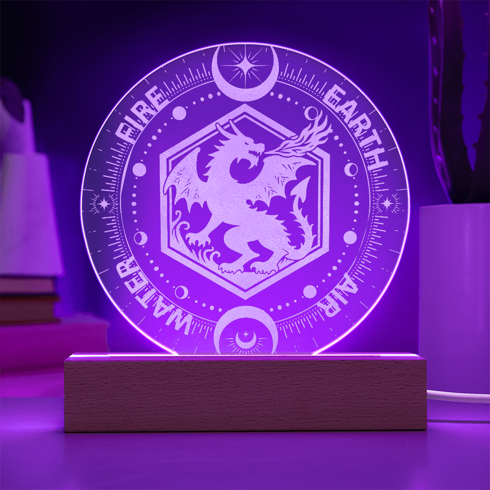 Elemental Dragon LED Night Light – FIRE EARTH WATER AIR Fantasy Decor | Mystical Dragon Acrylic Plaque Gift