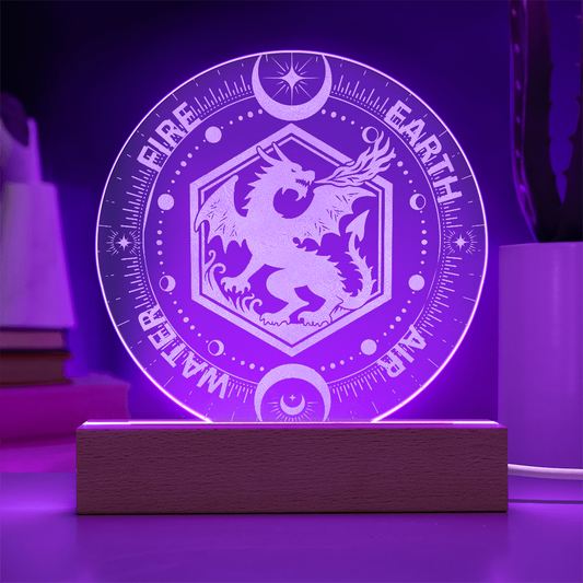 Elemental Dragon LED Night Light – FIRE EARTH WATER AIR Fantasy Decor | Mystical Dragon Acrylic Plaque Gift