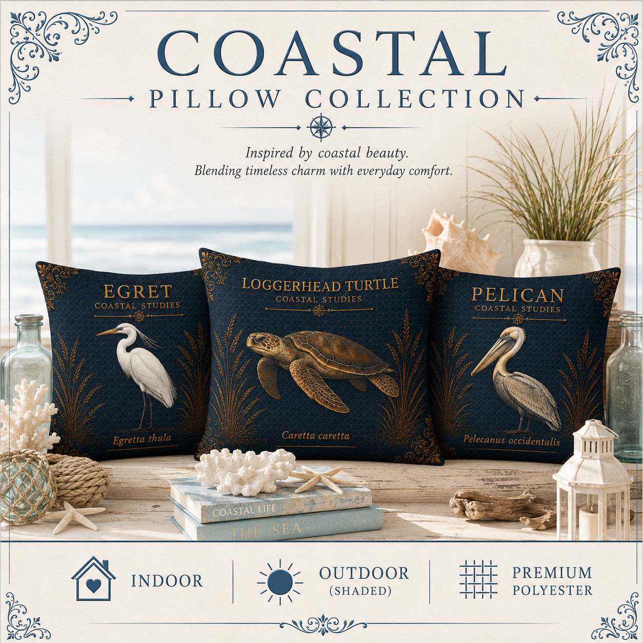 Blue Heron Coastal Pillow, Nautical Throw Pillow, Navy Coastal Cushion, Beach House & Lake House Decor, Coastal Grandma Style