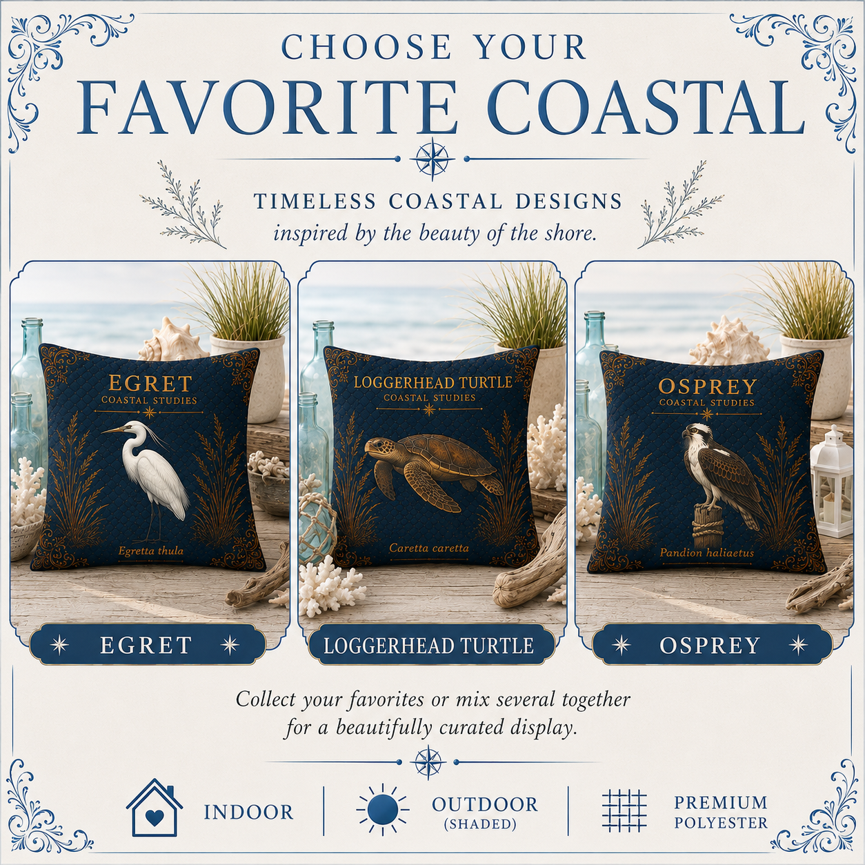 Blue Heron Coastal Pillow, Nautical Throw Pillow, Navy Coastal Cushion, Beach House & Lake House Decor, Coastal Grandma Style