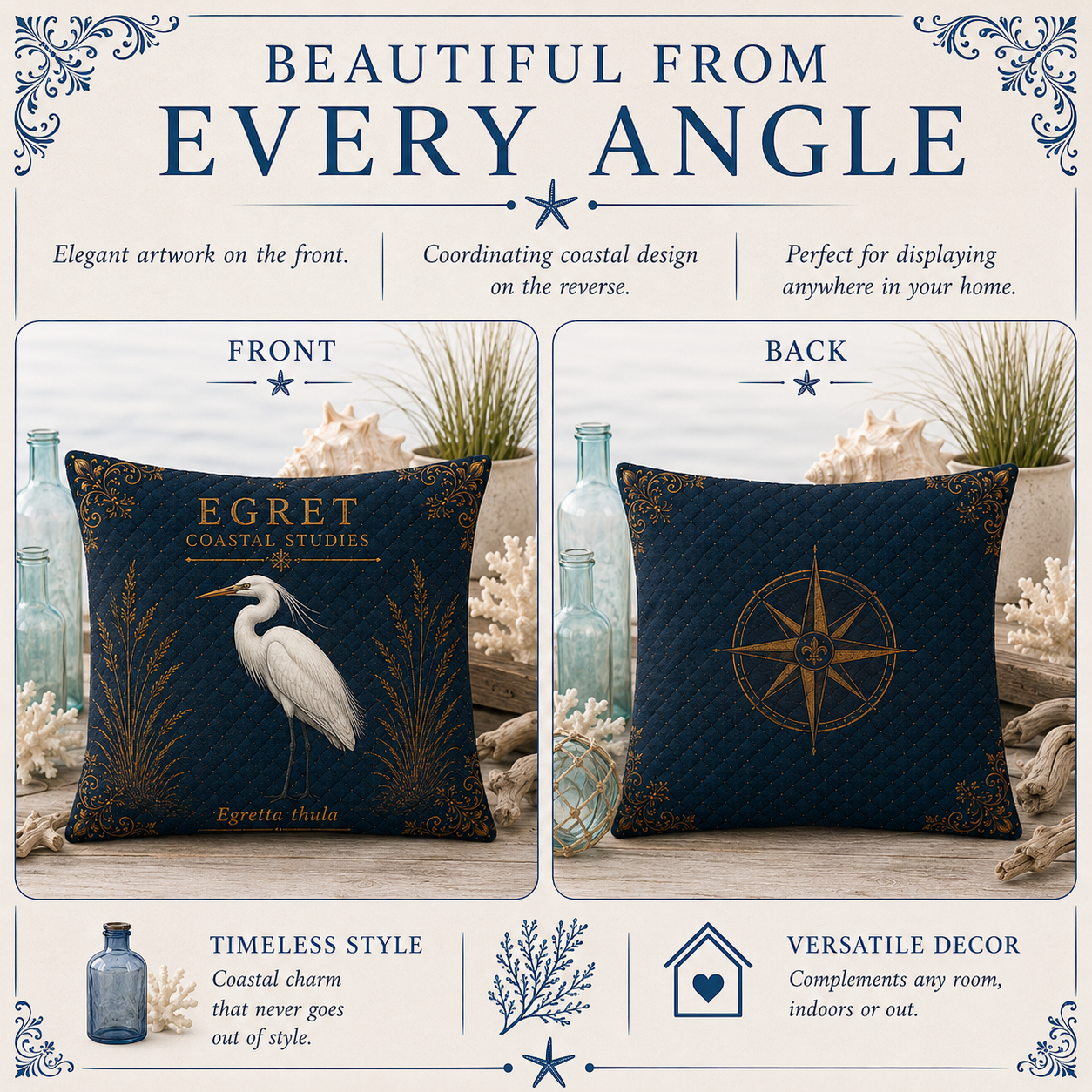 Blue Heron Coastal Pillow, Nautical Throw Pillow, Navy Coastal Cushion, Beach House & Lake House Decor, Coastal Grandma Style