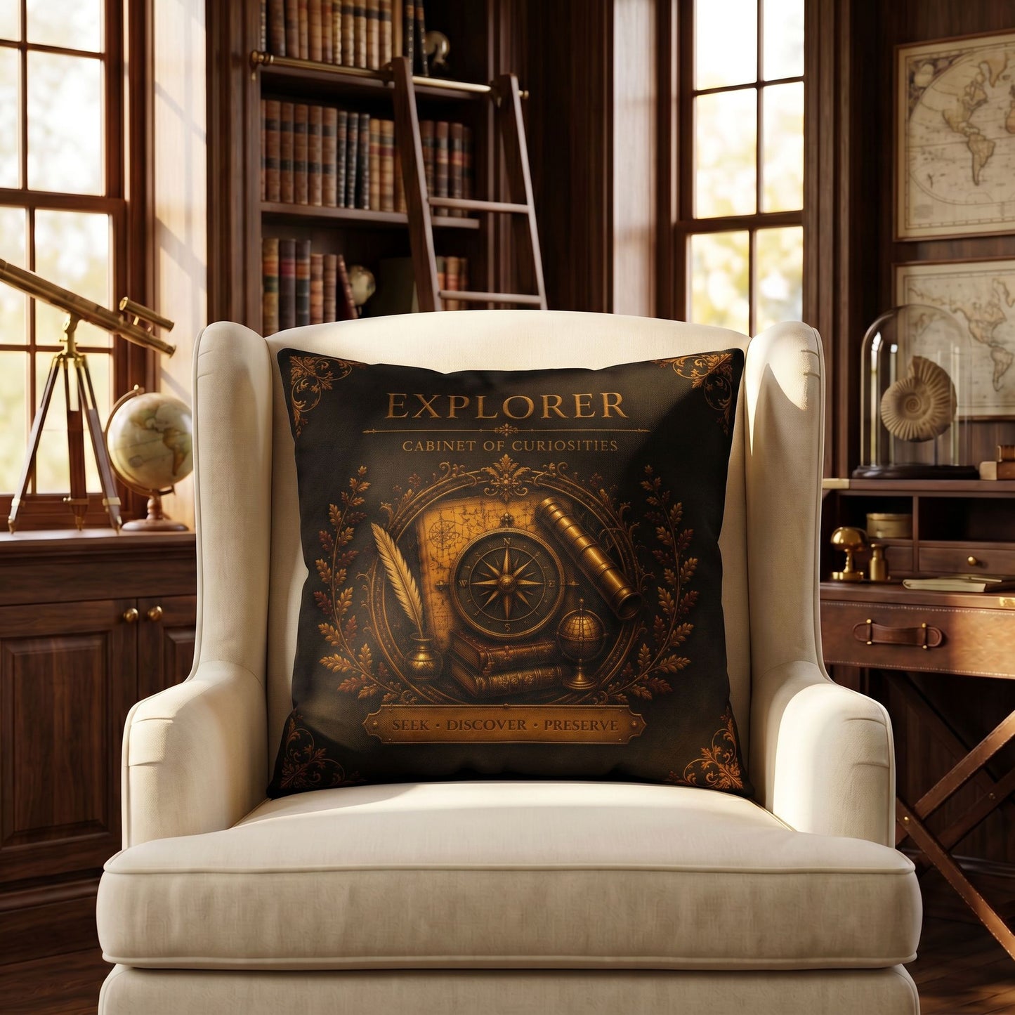 Explorer Cabinet of Curiosities Pillow, Dark Academia Throw Pillow, Library Decor Cushion, Museum Style Home Accent
