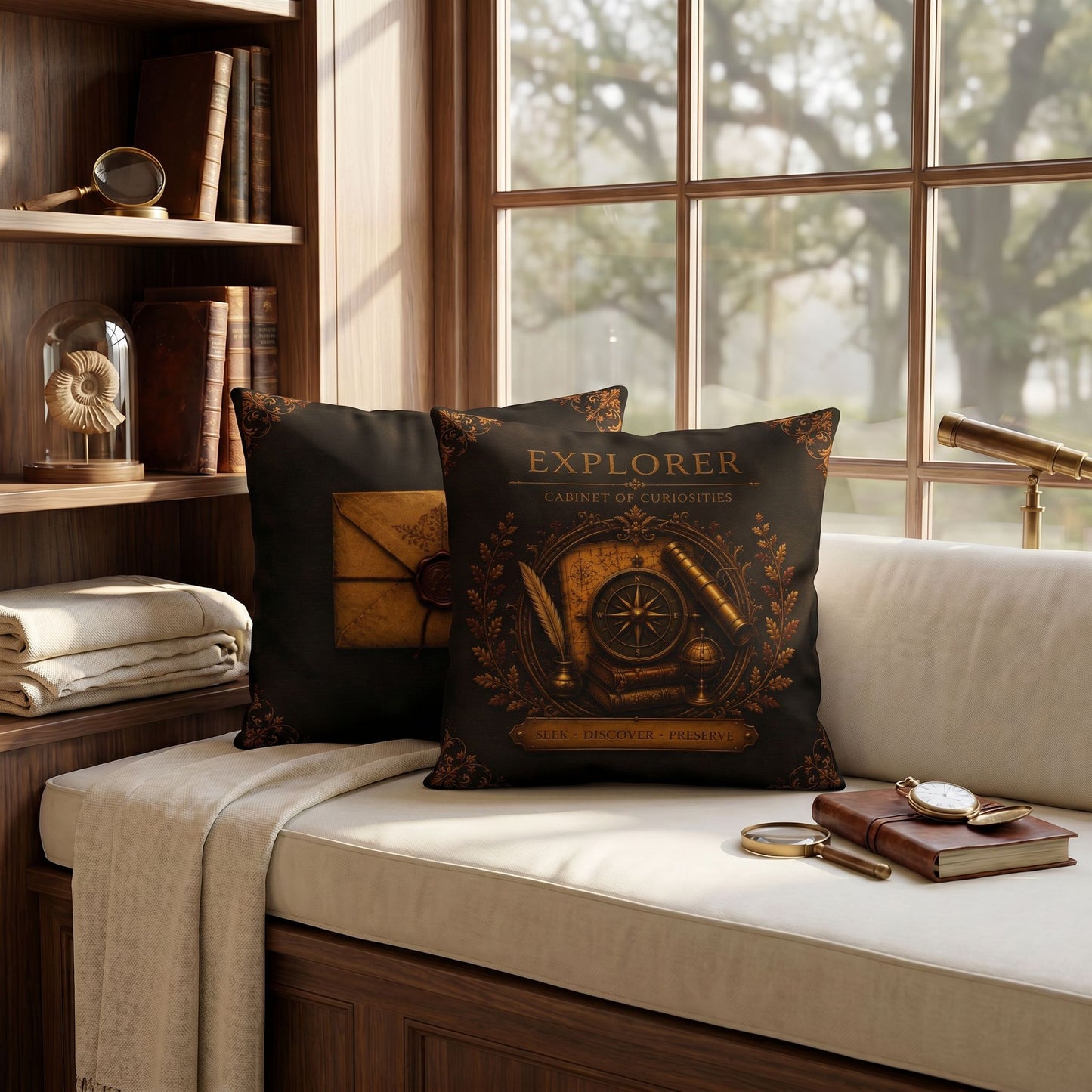 Explorer Cabinet of Curiosities Pillow, Dark Academia Throw Pillow, Library Decor Cushion, Museum Style Home Accent