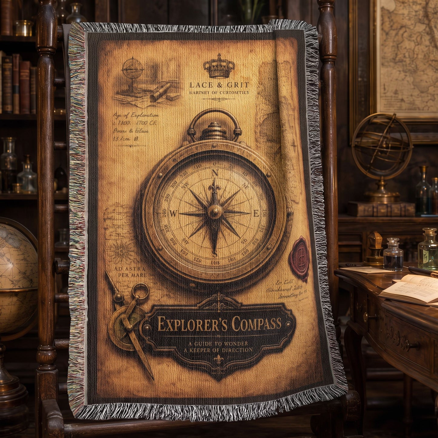 Explorer's Compass Woven Throw Blanket | Cabinet of Curiosities Decor | Cotton Tapestry | Adventure History Gift