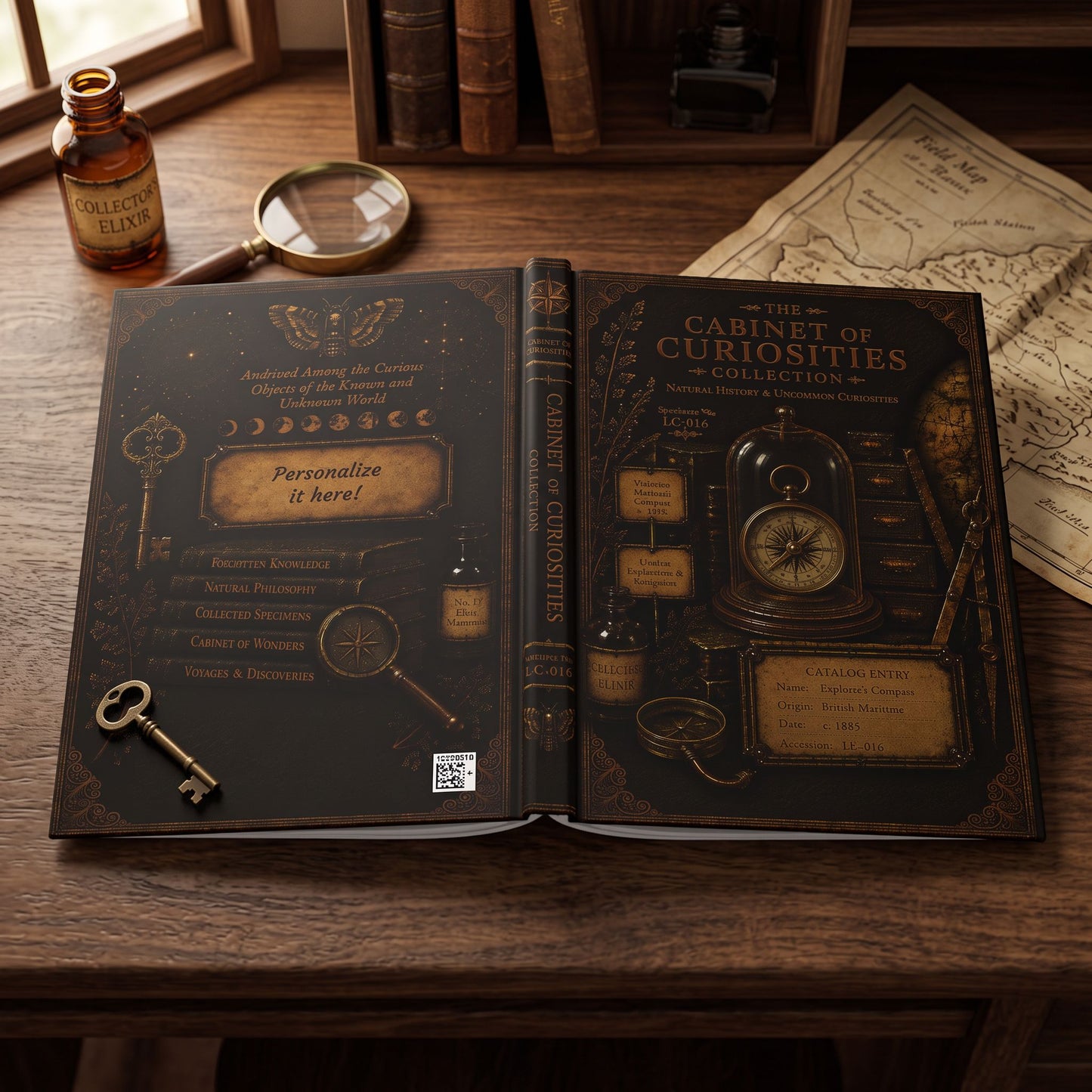 Explorer's Compass Journal, Personalized Cabinet of Curiosities Hardcover Notebook, Adventure Gift