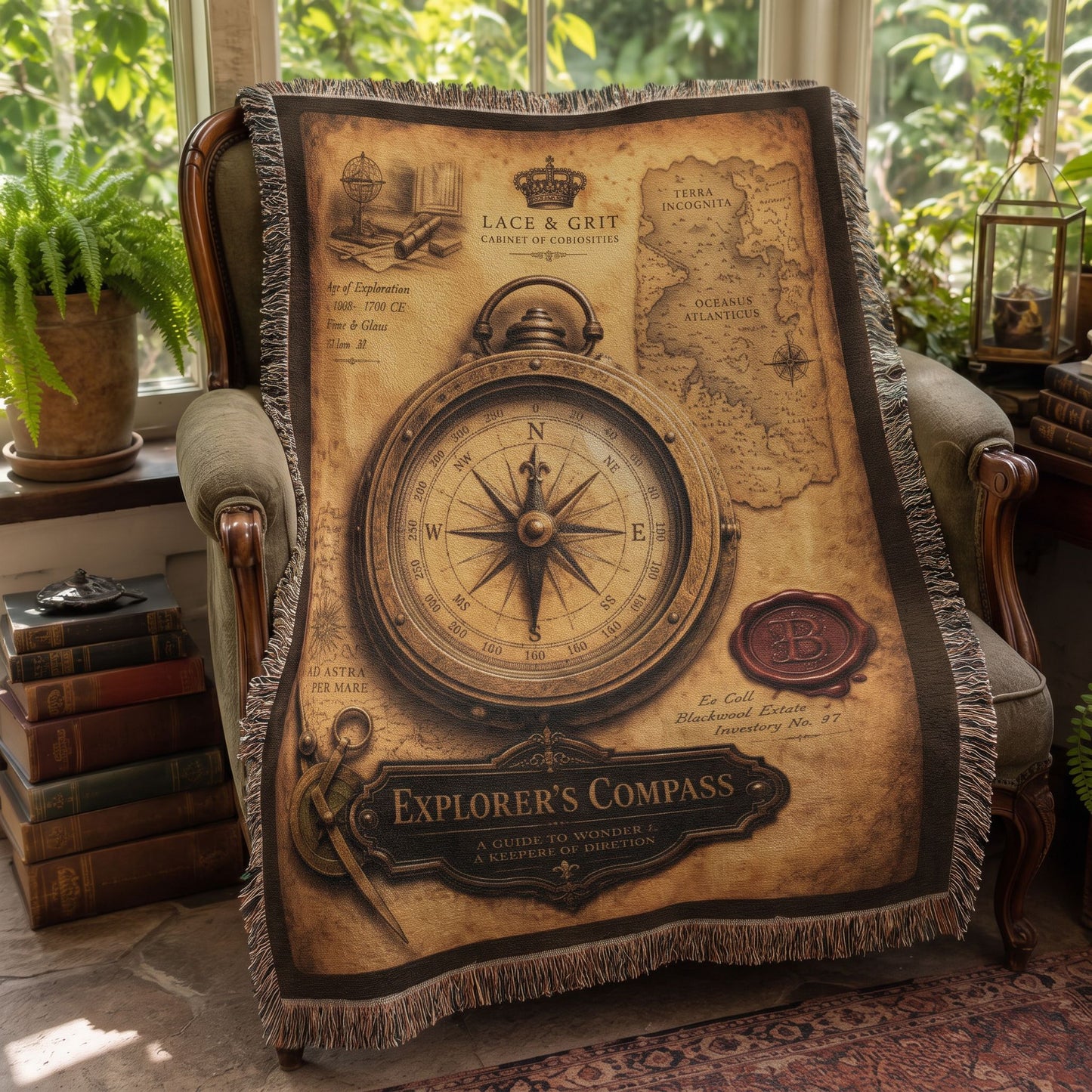 Explorer's Compass Woven Throw Blanket | Cabinet of Curiosities Decor | Cotton Tapestry | Adventure History Gift