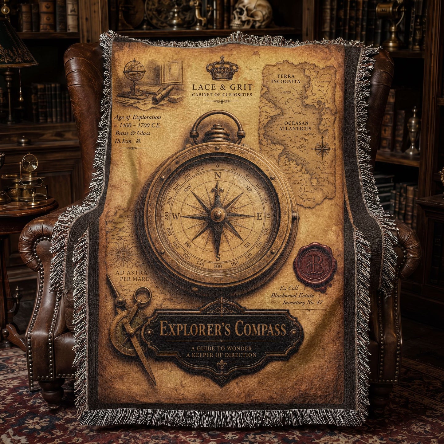 Explorer's Compass Woven Throw Blanket | Cabinet of Curiosities Decor | Cotton Tapestry | Adventure History Gift
